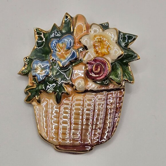 VTG Brooch Handpainted Ceramic Floral Basket Cottage Granny Core Boho Summer Pin - Picture 15 of 15
